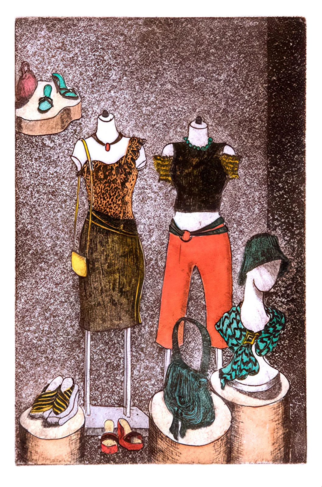 "Off Shoulder, On Broadway" Hand-drawn, hand colored line etching by artist Susan James. Edition of 200pieces plus 20 artist proofs. Click the image for more information.