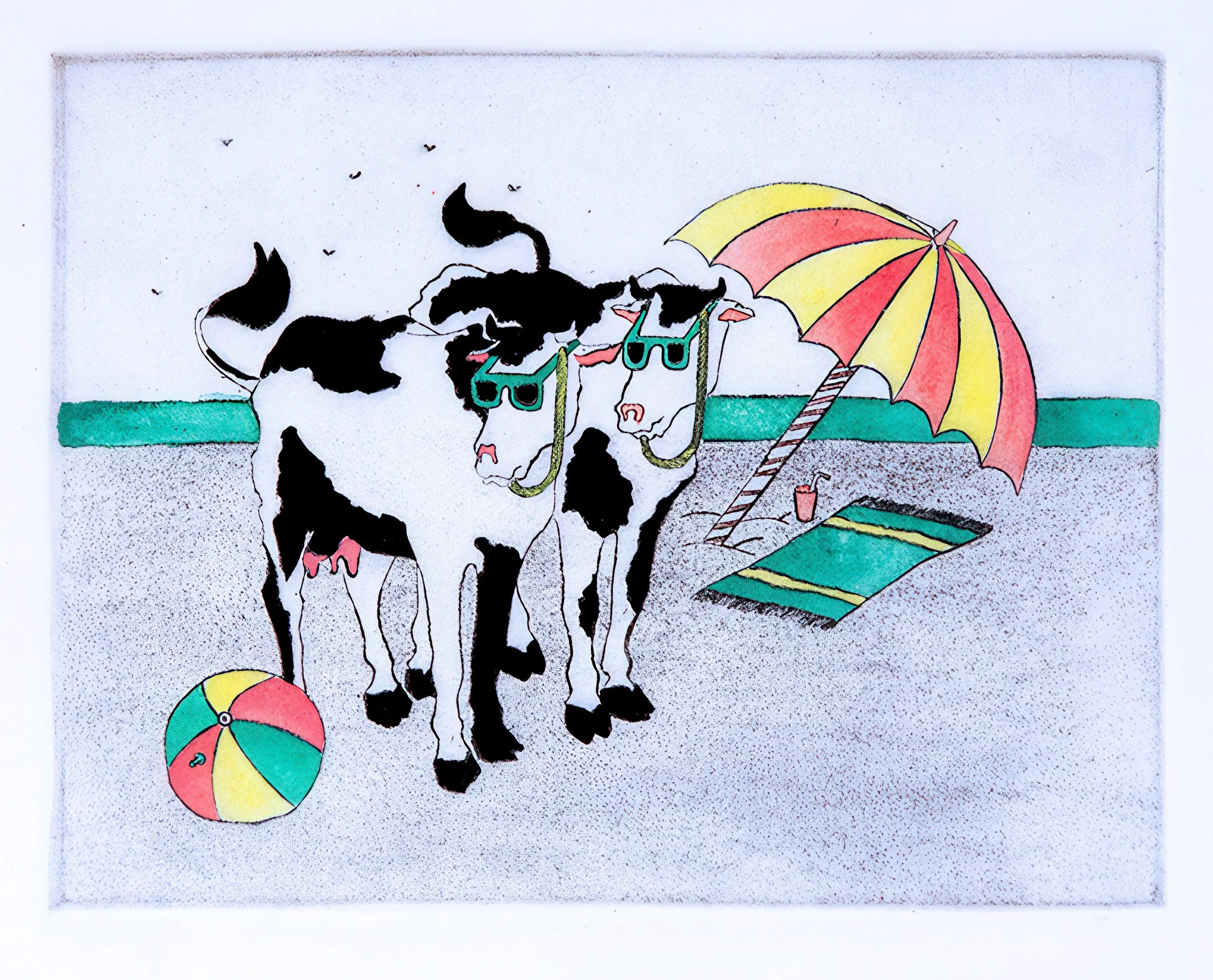 "Cows Incognito I" Hand-drawn, hand colored line etching by artist Susan James. Edition of 100 pieces plus 10 artist proofs. Click the image for more information.