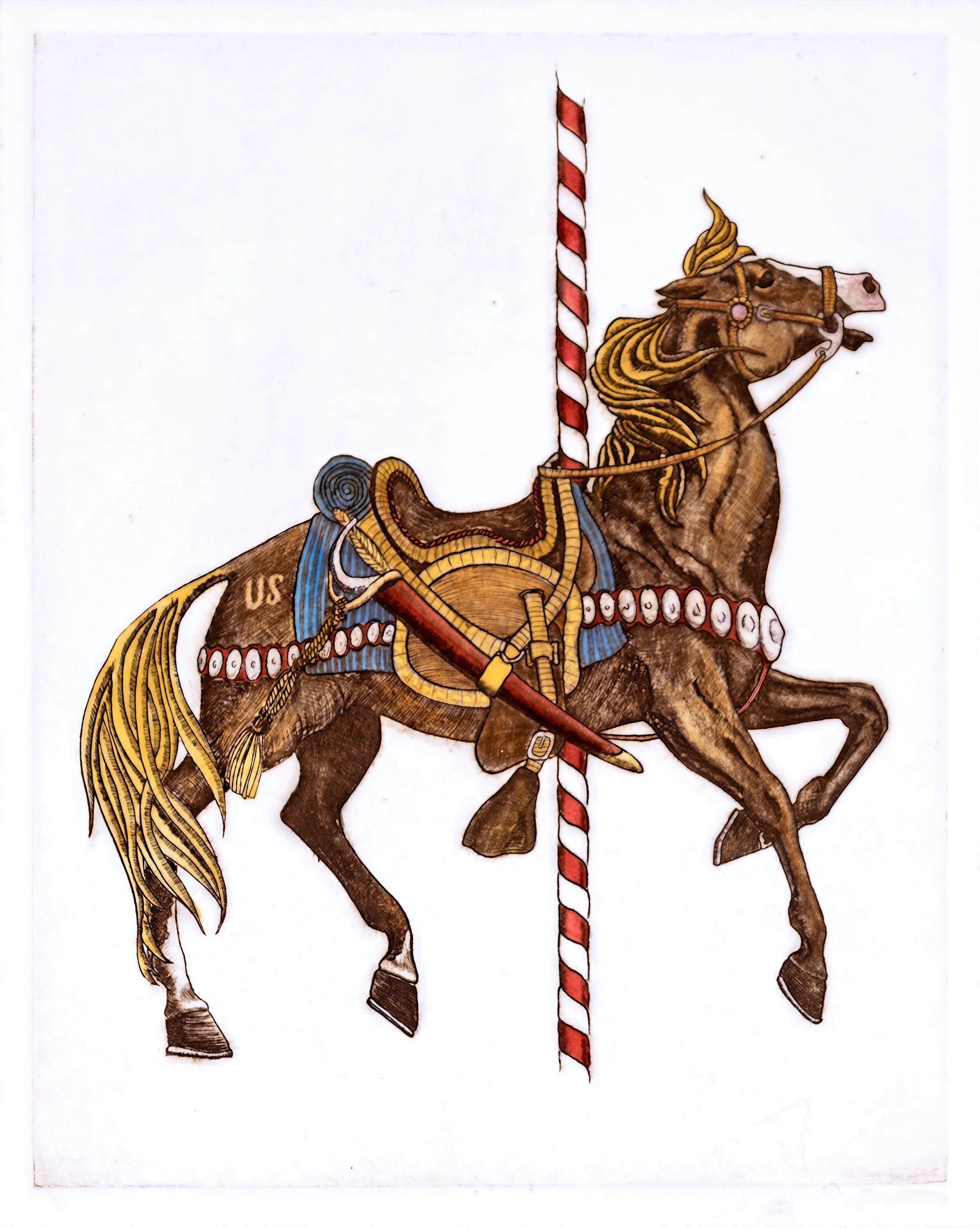 "Calvary Charger" Hand-drawn and hand-colored line etching created by artist Susan James. The inspiration for "Honor" in the El Camino series. Edition of 100 pieces plus 10 artist proofs. Click the image for more information.