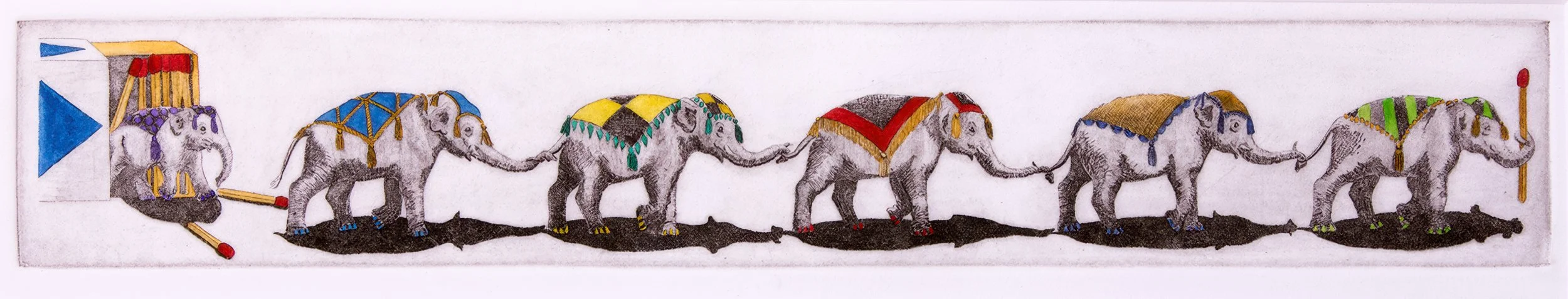 "Elephantastic!" Hand-drawn, hand colored line etching by artist Susan James. Edition of 100 pieces plus 10 artist proofs. Click the image for more information.