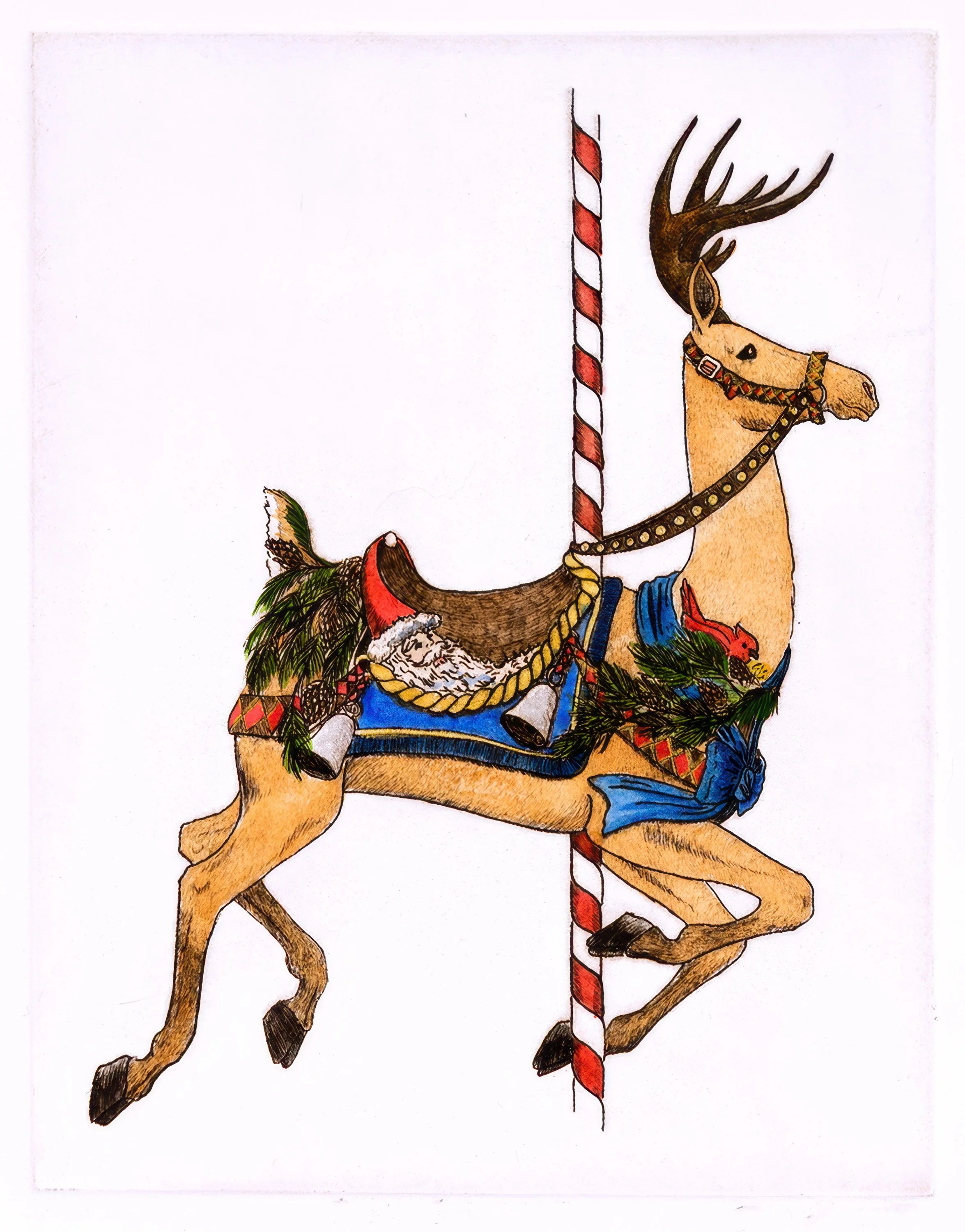 "Merry Goes Round" Hand-colored, hand-drawn line etching by artist Susan James. Edition of 100 pieces plus 10 artist proofs. Click the image for more information.