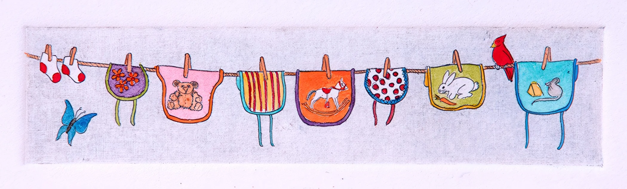 "Baby's Wash Day" Hand-drawn, hand colored line etching by artist Susan James. Edition of 100 pieces plus 10 artist proofs. Click the image for more information.