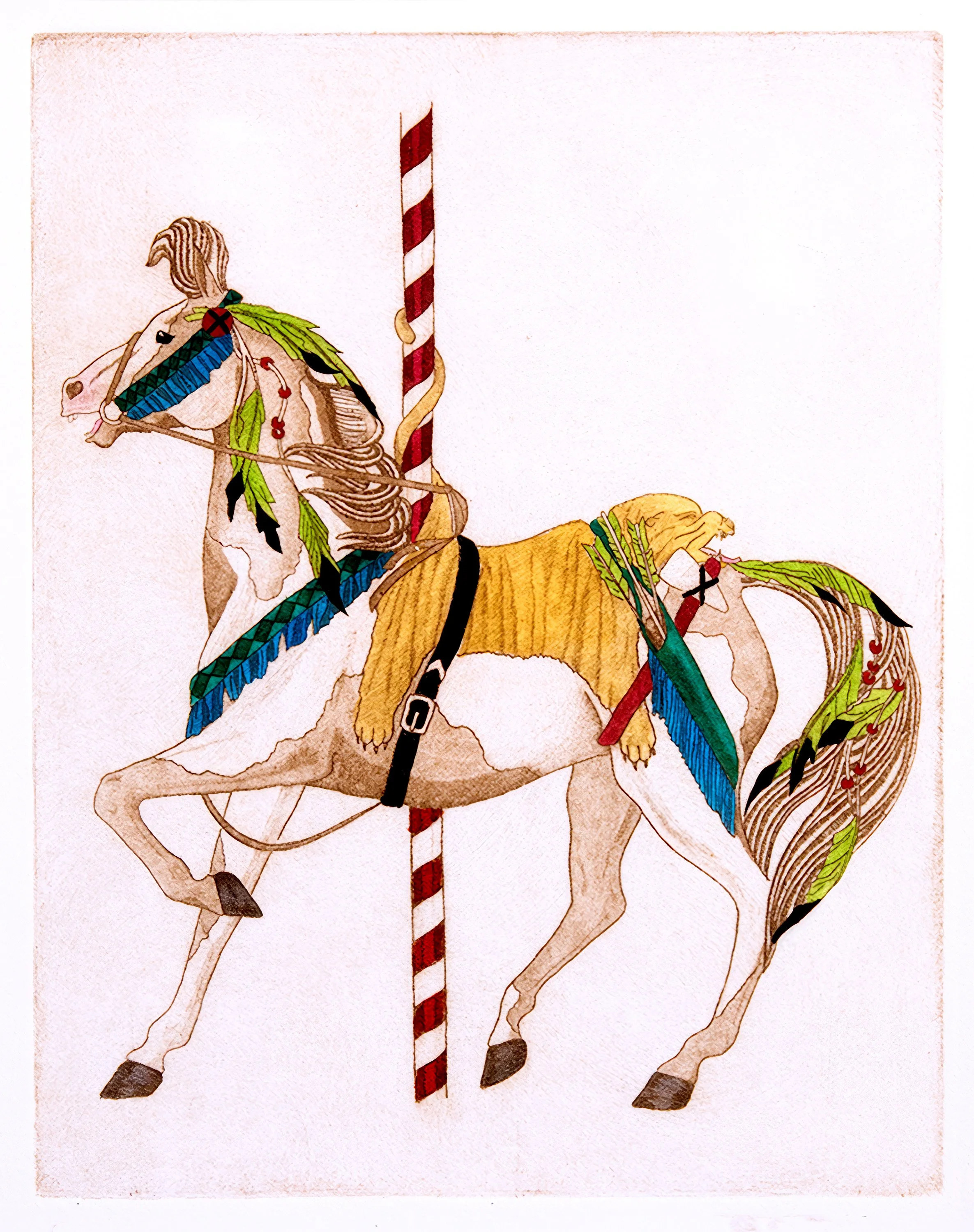 "Top Knot" Hand-draw, hand-colored line etching by artist Susan James. The inspiration for "Dakota" in the El Camino series. Edition of 100 pieces for 10 artist proofs. Click the image for more information.