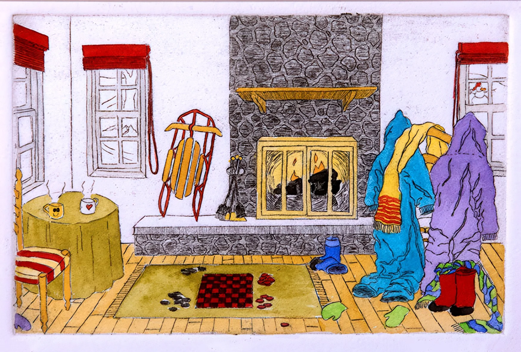 "Signs of Winter" Hand-drawn, hand colored line etching by artist Susan James. Edition of 200 pieces plus 20 artist proofs. Click the image for more information.