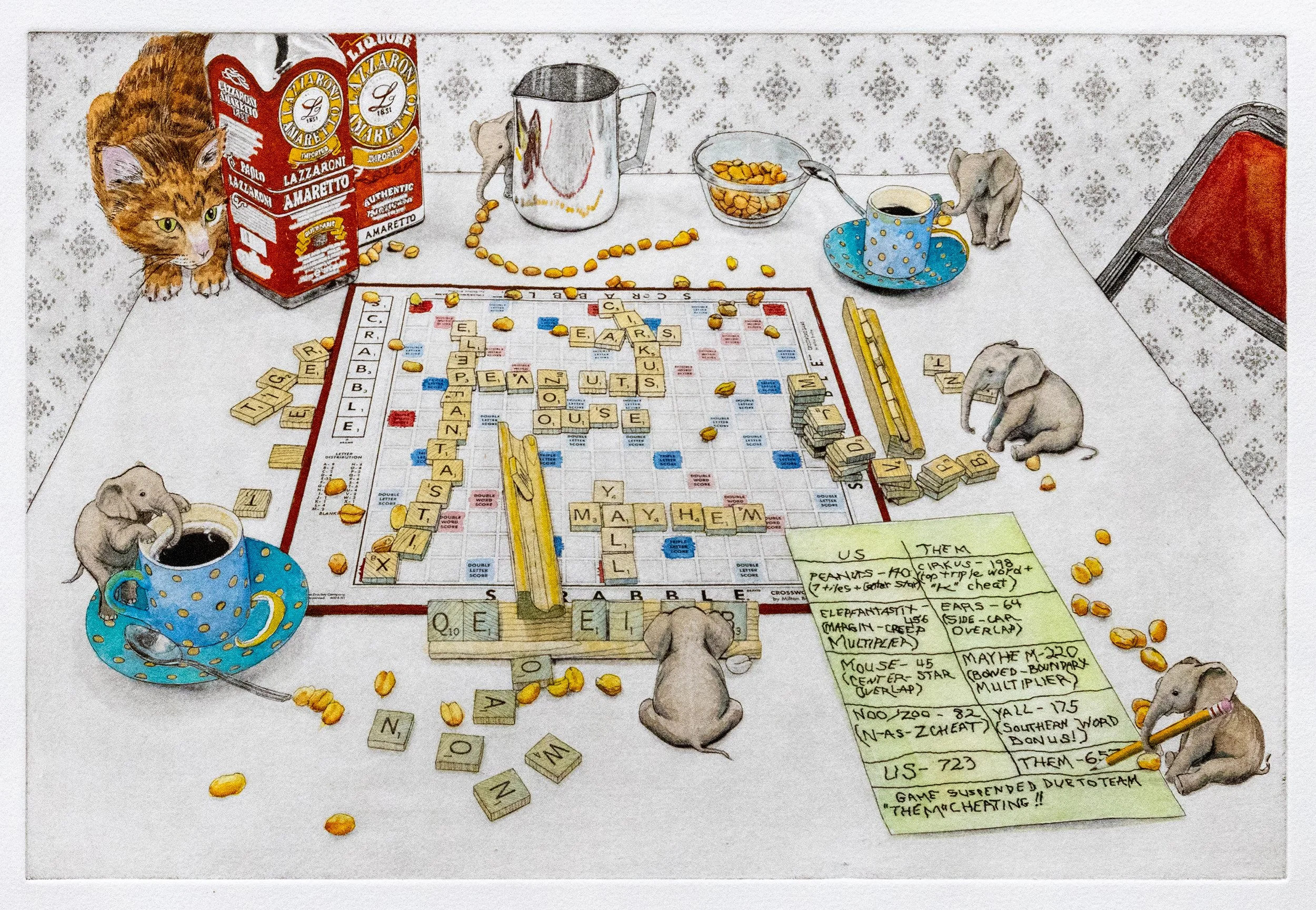"Mayhem Y'all!" Hand-colored copper plate photogravure created by artist Susan James. Edition of 100 pieces plus 10 artist proofs. Click the image for more information.