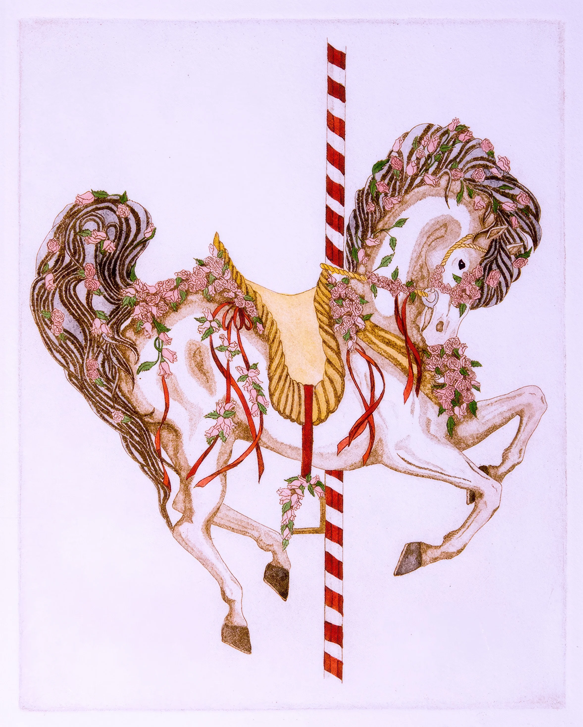 "Outside Jumper" Hand-drawn, hand-colored line etching by the artist Susan James. Inspiration for "Joy" in the El Camino series. Edition of 100 pieces plus 10 artist proofs. Click the image for more information.