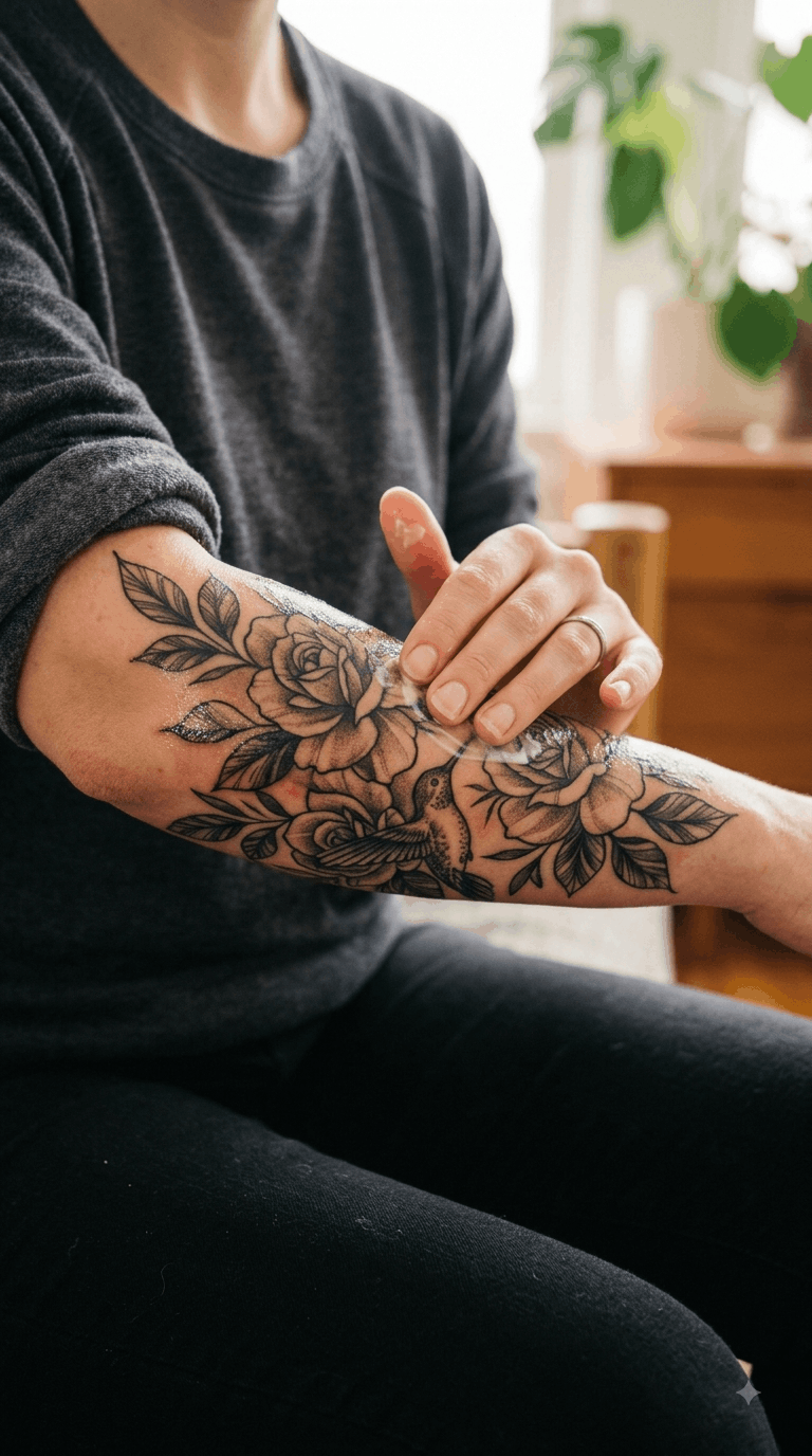 Person with rolled-up sleeves showing a floral tattoo on their arm, seated indoors with a wooden side table and houseplants in the background.