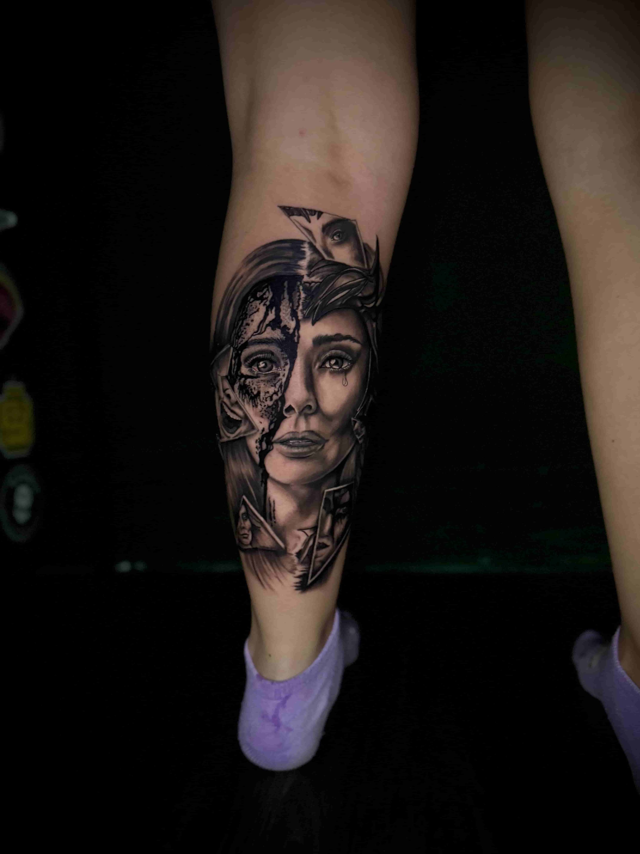 Scarlet Witch Wanda Avengers inspired tattoo realism black and grey