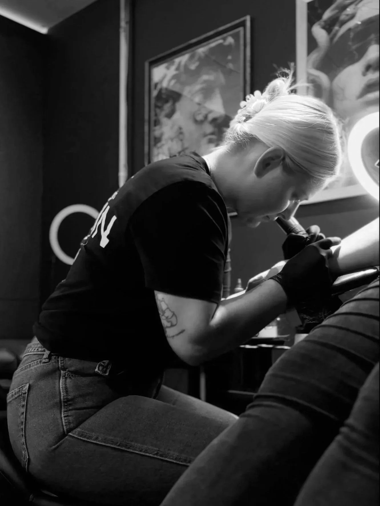 Vicky Devlin tattooing a fineline tattoo piece at Devlin Ink Tattoos, Colchester