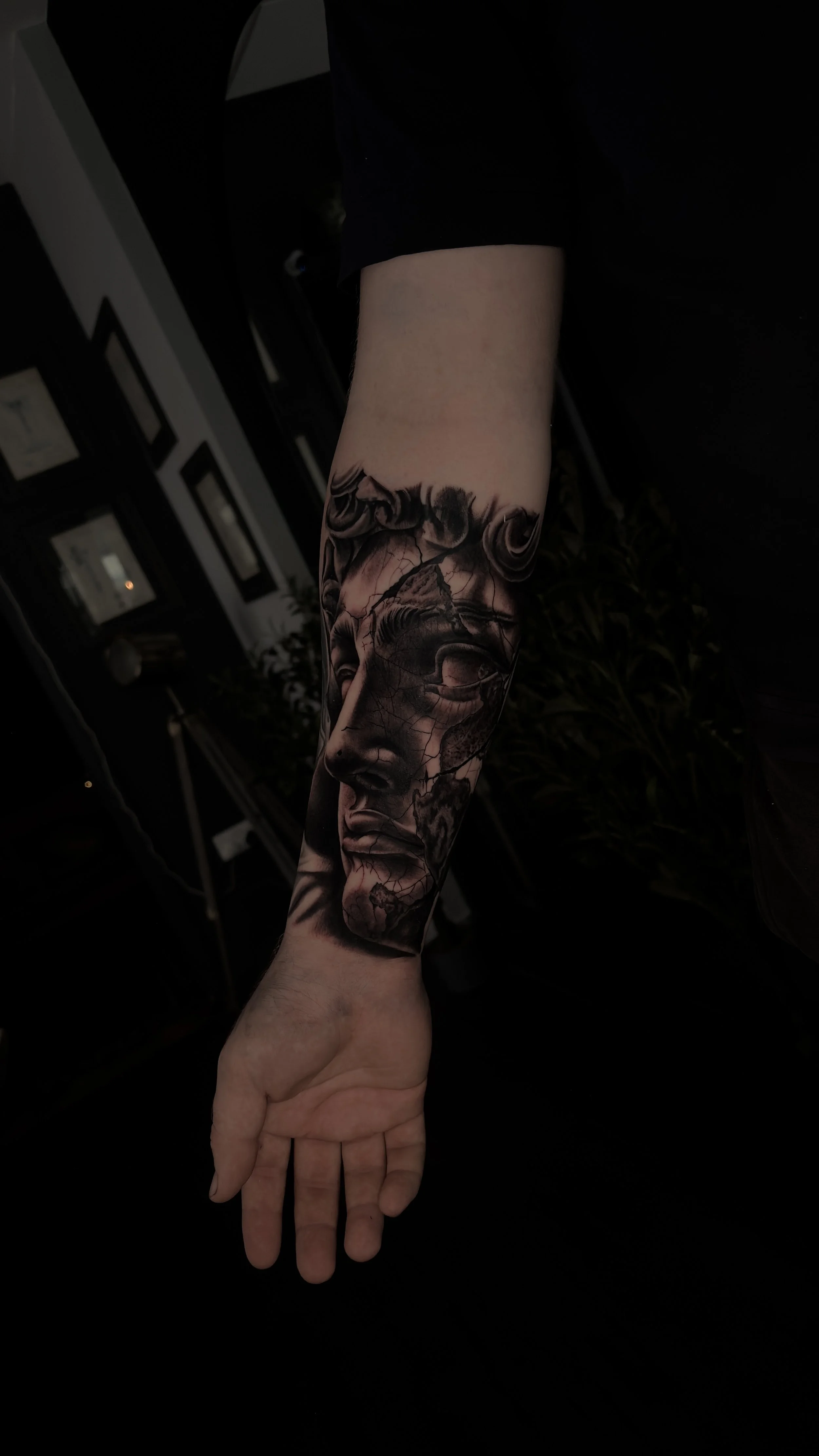 Black and grey realistic Greek Statue Portrait tattoo, by Harry Devlin, Devlin Ink Tattoos Colchester