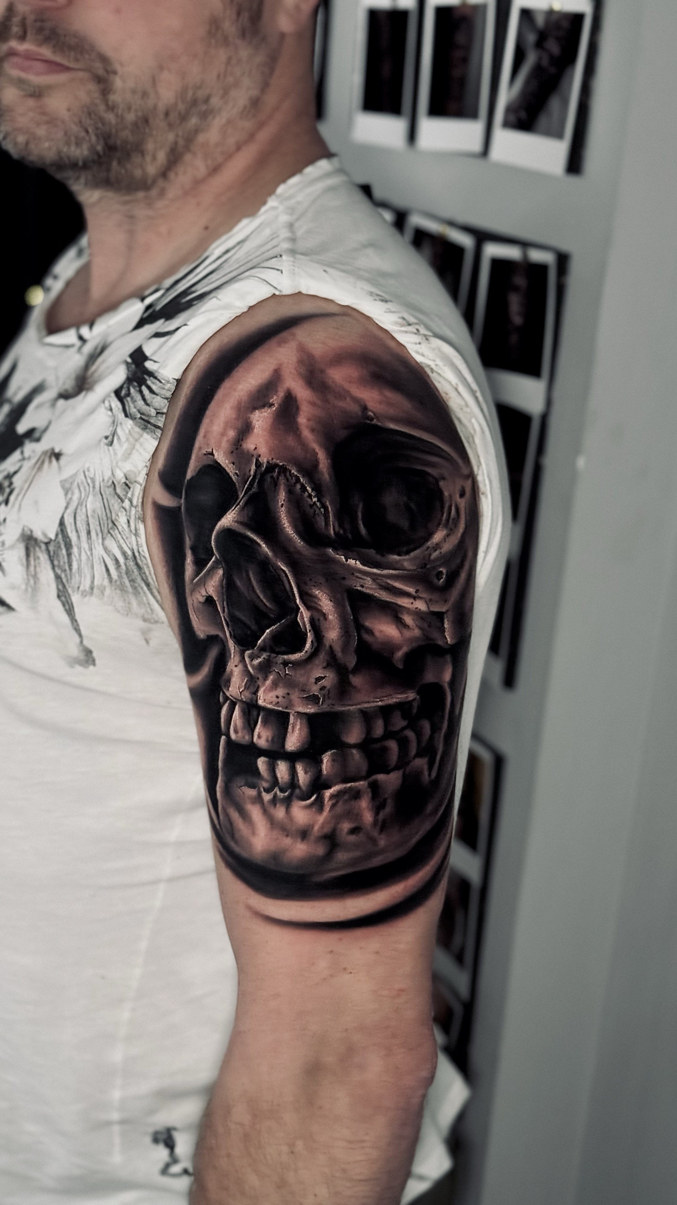 Black and grey realistic skull head tattoo, by Harry Devlin, Devlin Ink Tattoos Colchester