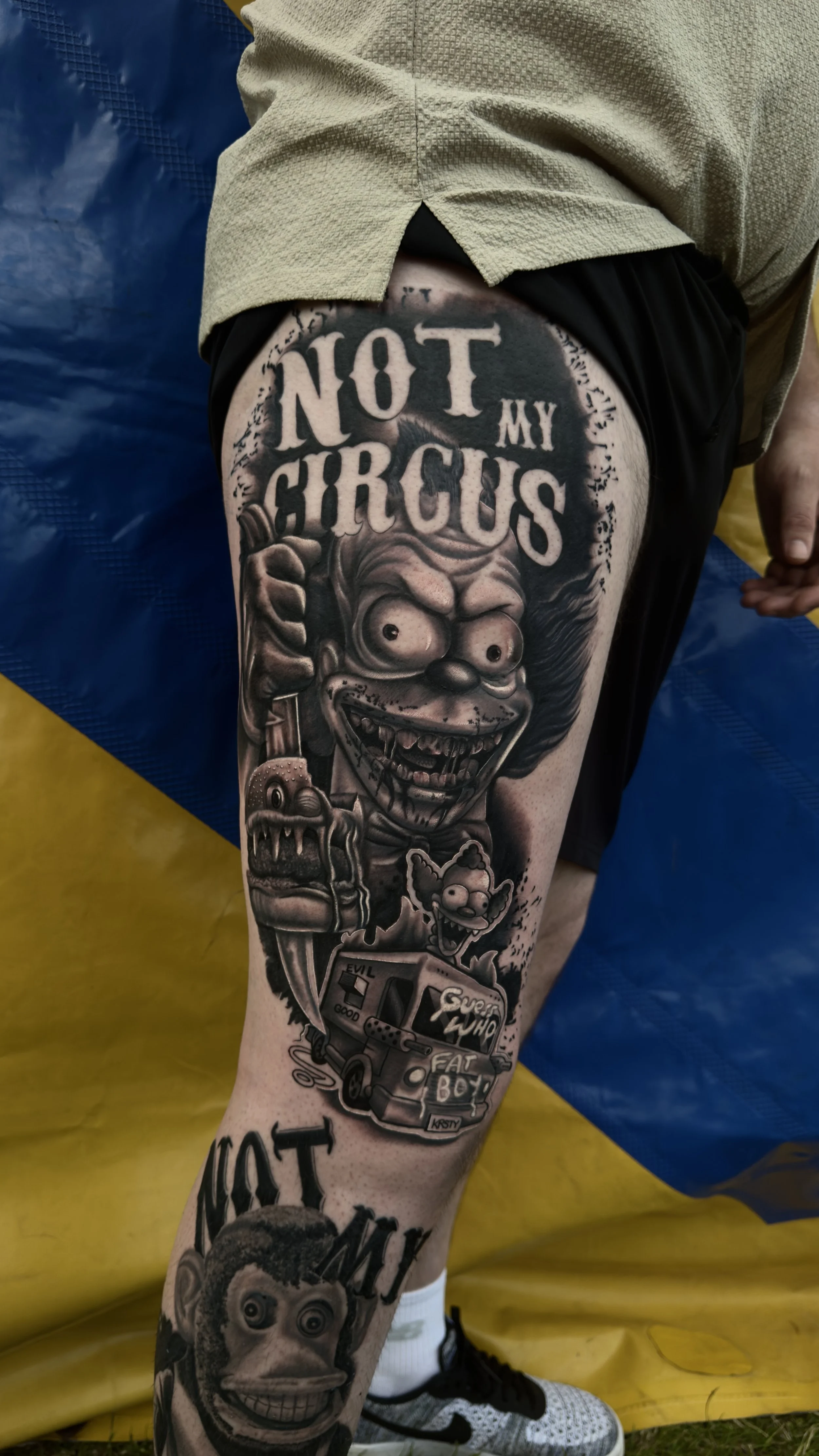 Black and grey realistic Crusty Clown Simpsons leg tattoo, by Harry Devlin, Devlin Ink Tattoos Colchester