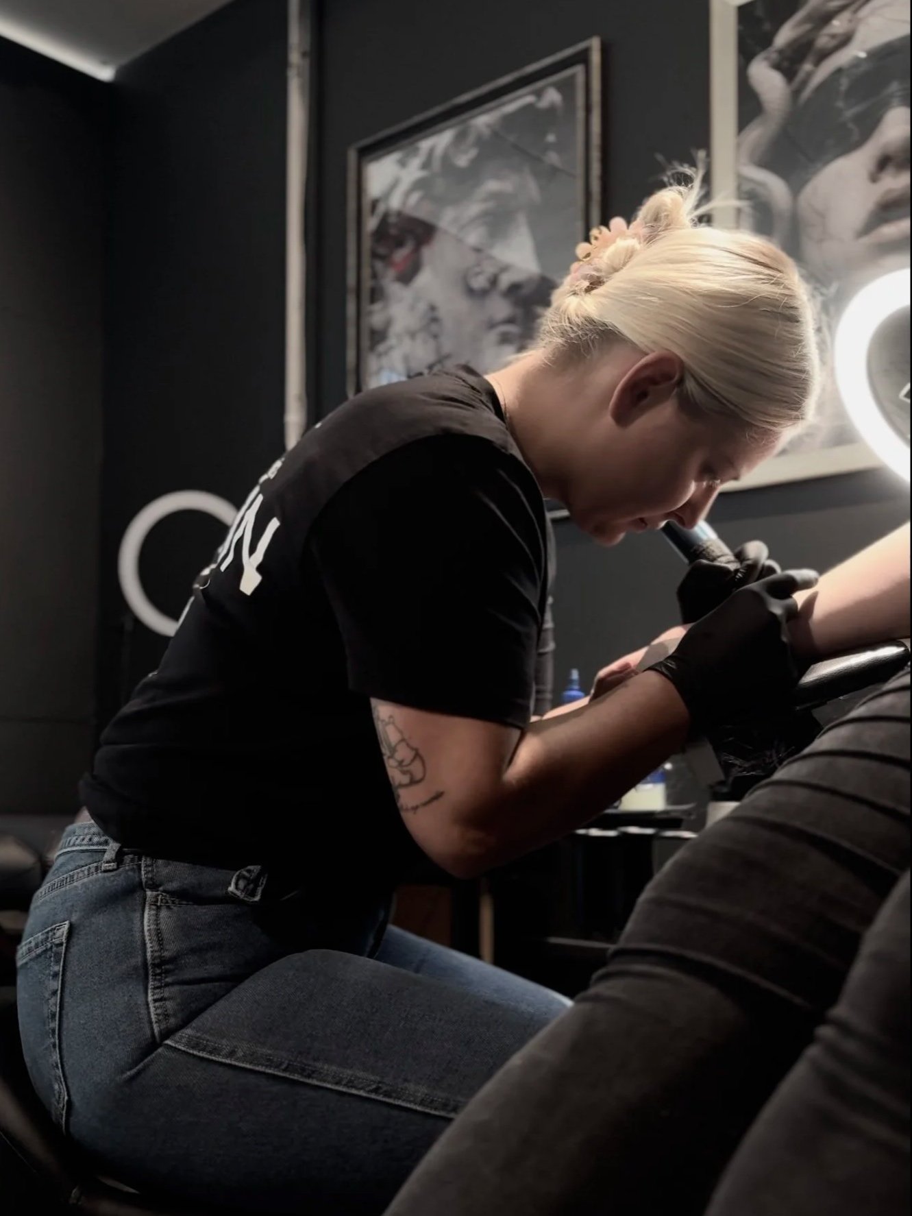 Vicky Devlin tattooing a fineline tattoo piece at Devlin Ink Tattoos, Colchester