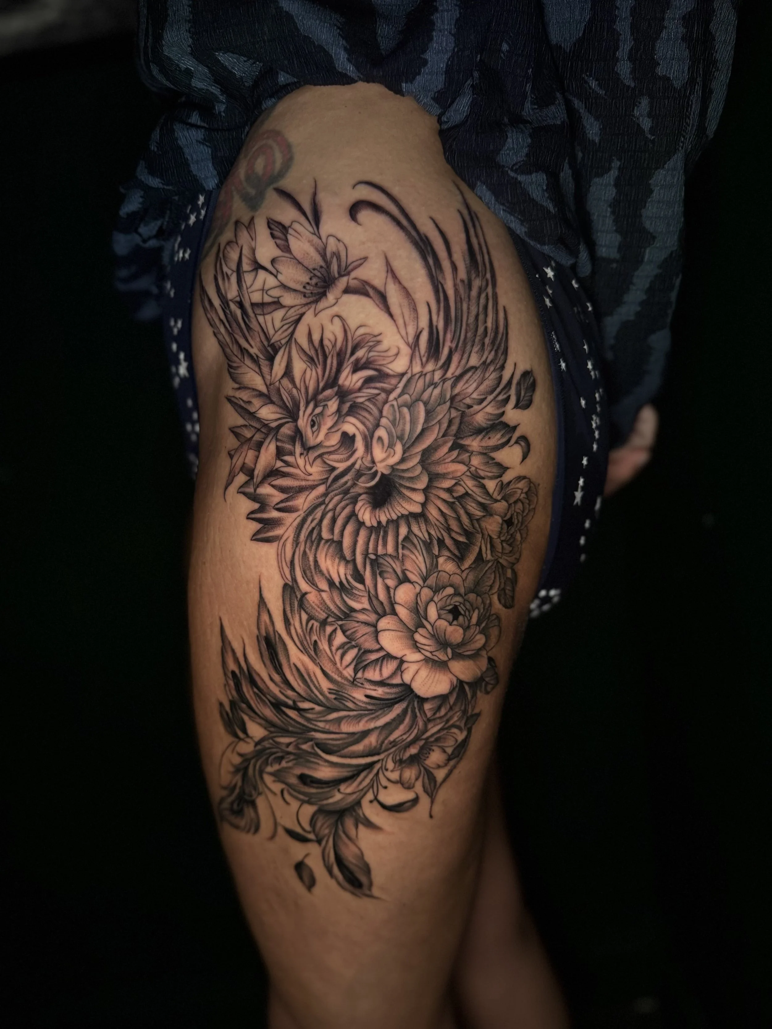 black and grey phoenix realism tattoo 