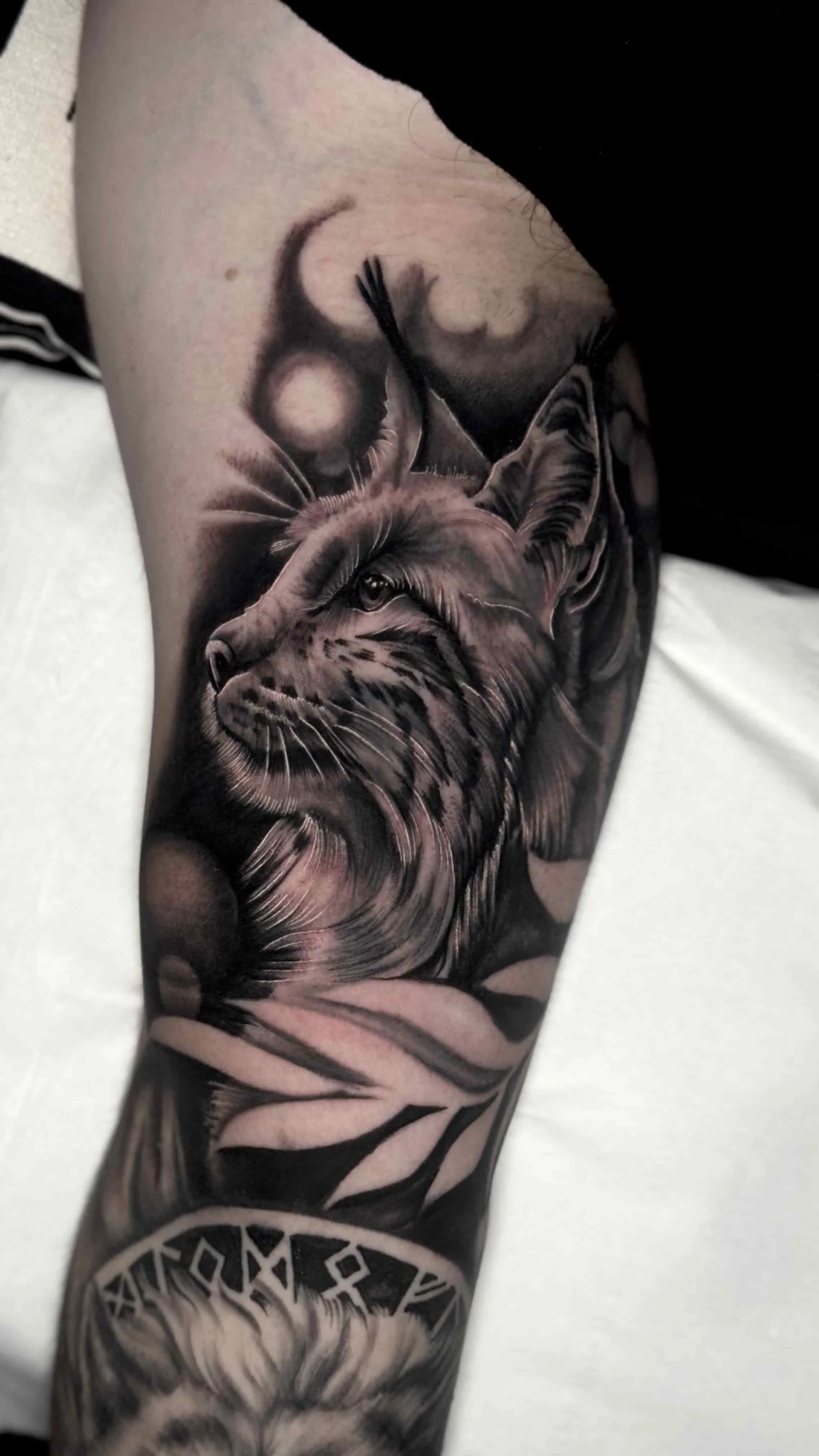 A black and grey realism lynx cat on the forearm
