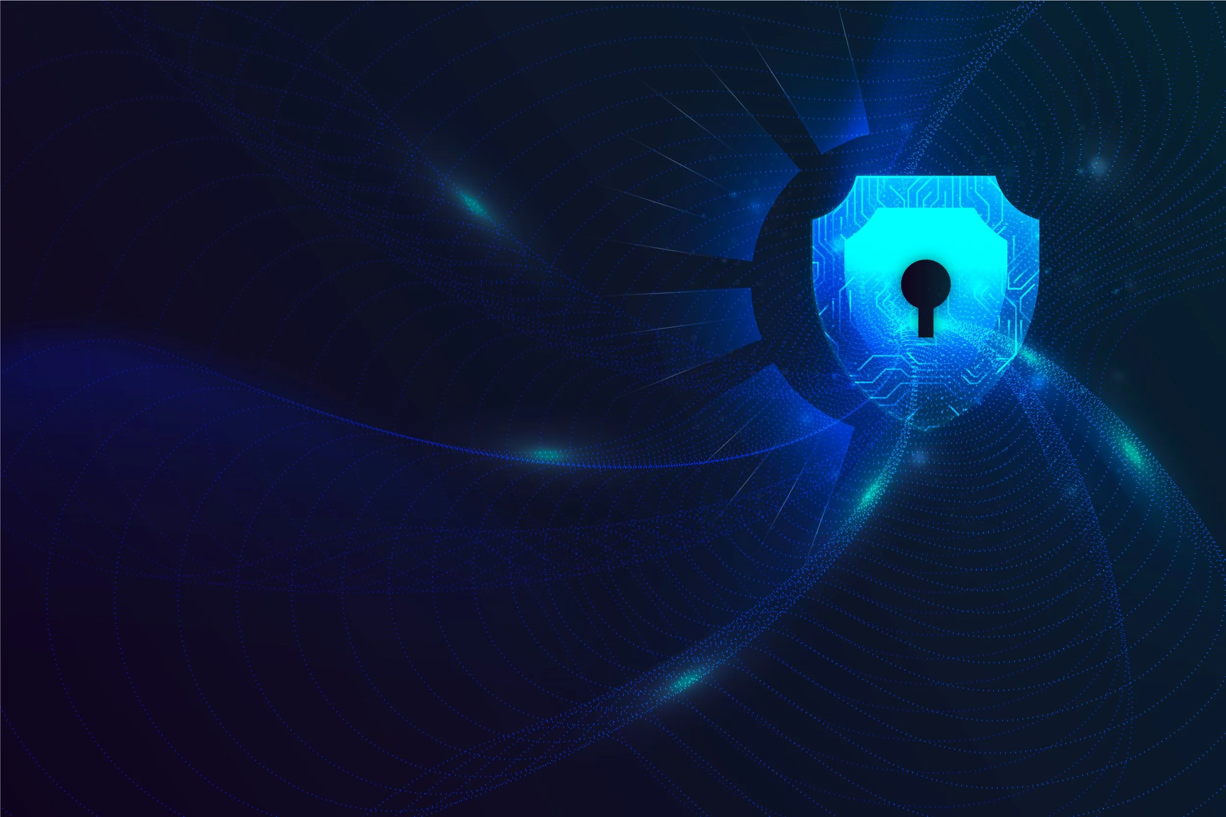 Digital illustration of a glowing blue shield with a keyhole in the center, set against a dark background with interconnected dots and lines, representing cybersecurity or digital security.