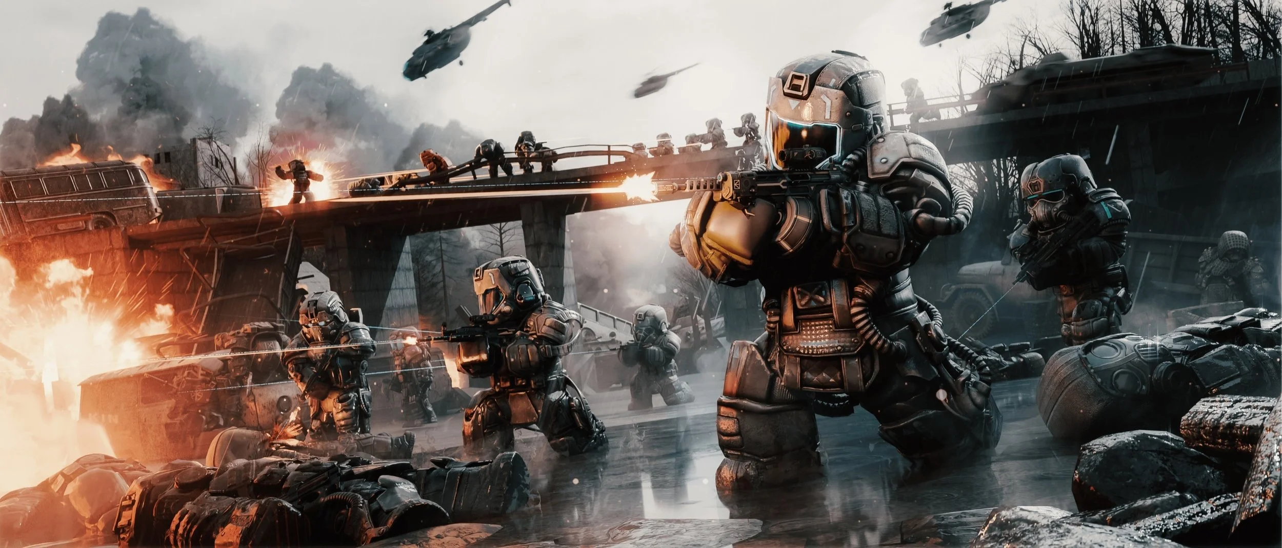 Futuristic soldiers in combat armor engage in firefight during chaotic battle, with explosions, helicopters, and destroyed vehicles in a war-torn environment.