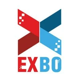 Logo with red and blue geometric shapes forming a stylized 'X' and the text 'EXBO' below.