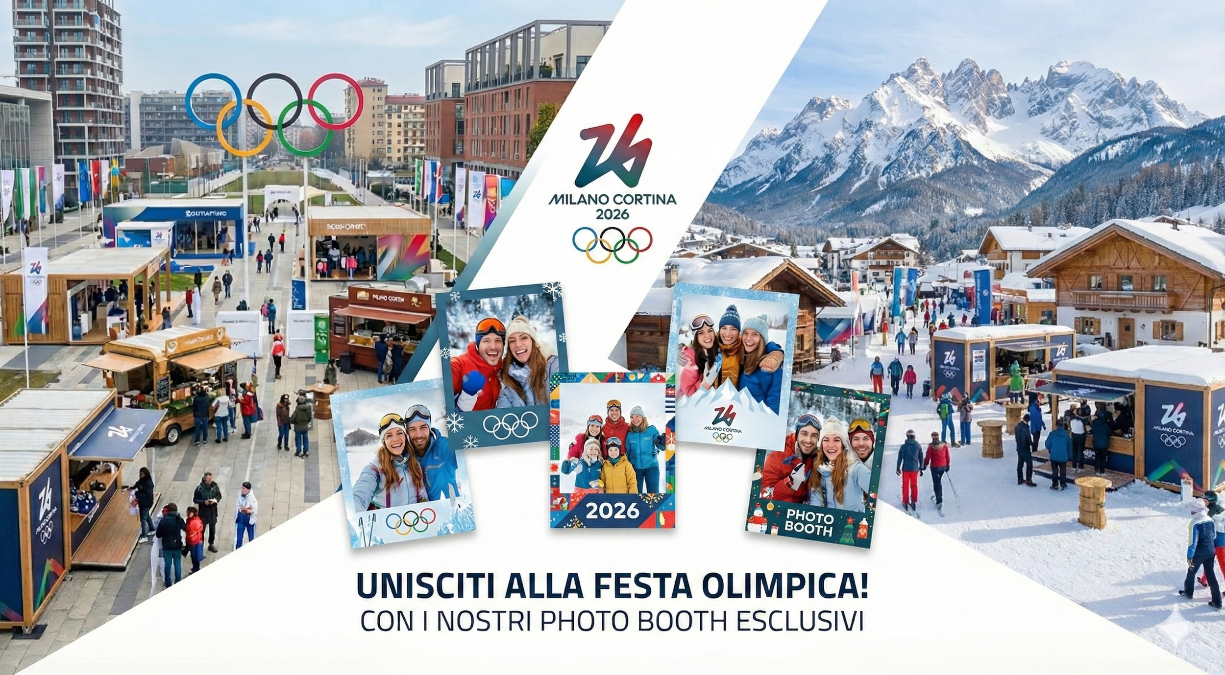 Porta il tuo brand a Milano Cortina 2026! Noleggia i nostri Photo Booth esclusivi per eventi corporate nel Villaggio Olimpico e a Cortina. Foto polaroid personalizzate