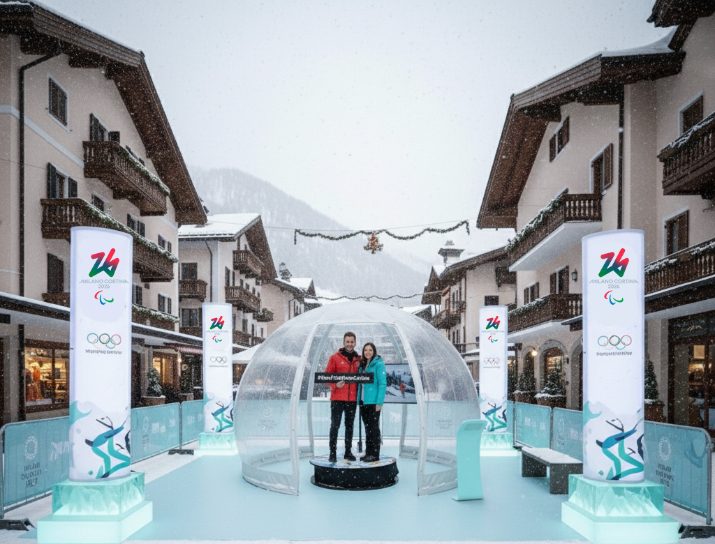 Photo Booth Cortina, Pop-up store, Installazione temporanea, Eventi corporate montagna, Activations marketing, Digital experience, Eventi Cortina d'Ampezzo.