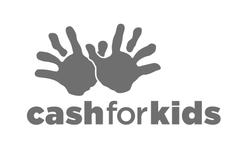 Two gray handprints above the text 'cash for kids' in gray letters.