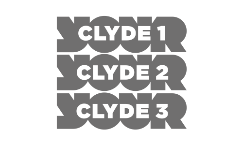Text graphic listing the names Clyde 1, Clyde 2, Clyde 3 in bold black font on a transparent background.