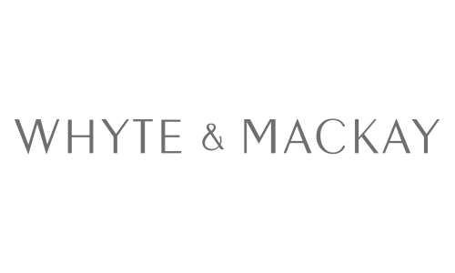 Logo for Whyte & Mackay with black background and gray text.
