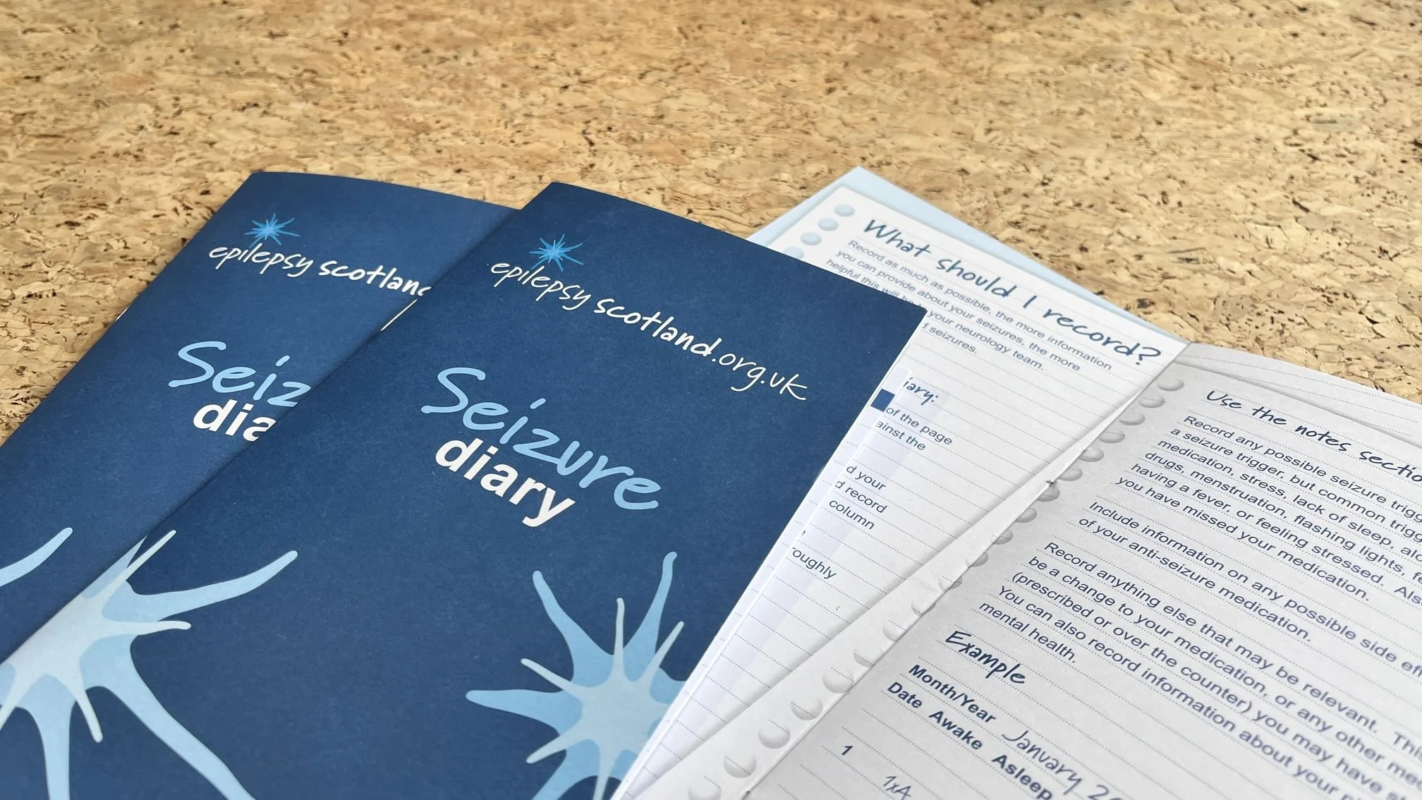 Blue epilepsy Scotland and epilepsy Wales information leaflets and notes on a wooden surface.