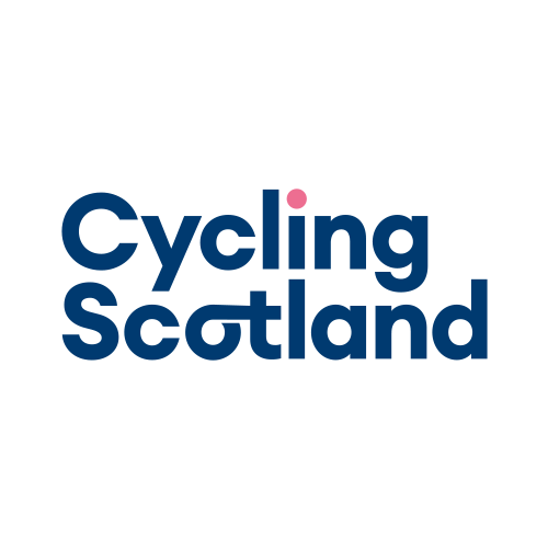 Logo of Cycling Scotland with text in dark blue and a pink dot above the 'i' in Cycling.