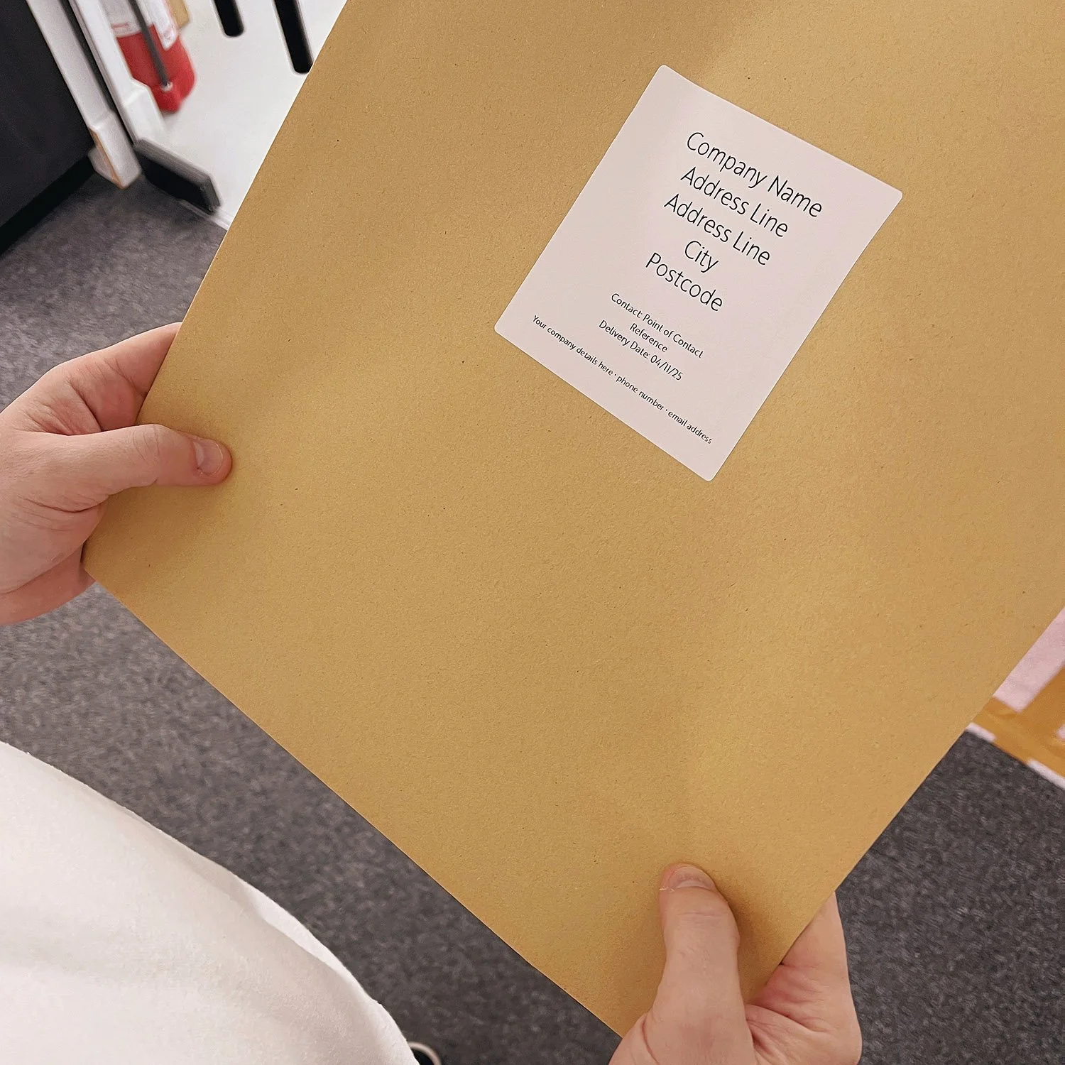 A person holding a brown folder with a white label containing placeholder text for company and address details. The image appears to be taken in an indoors setting, possibly an office.