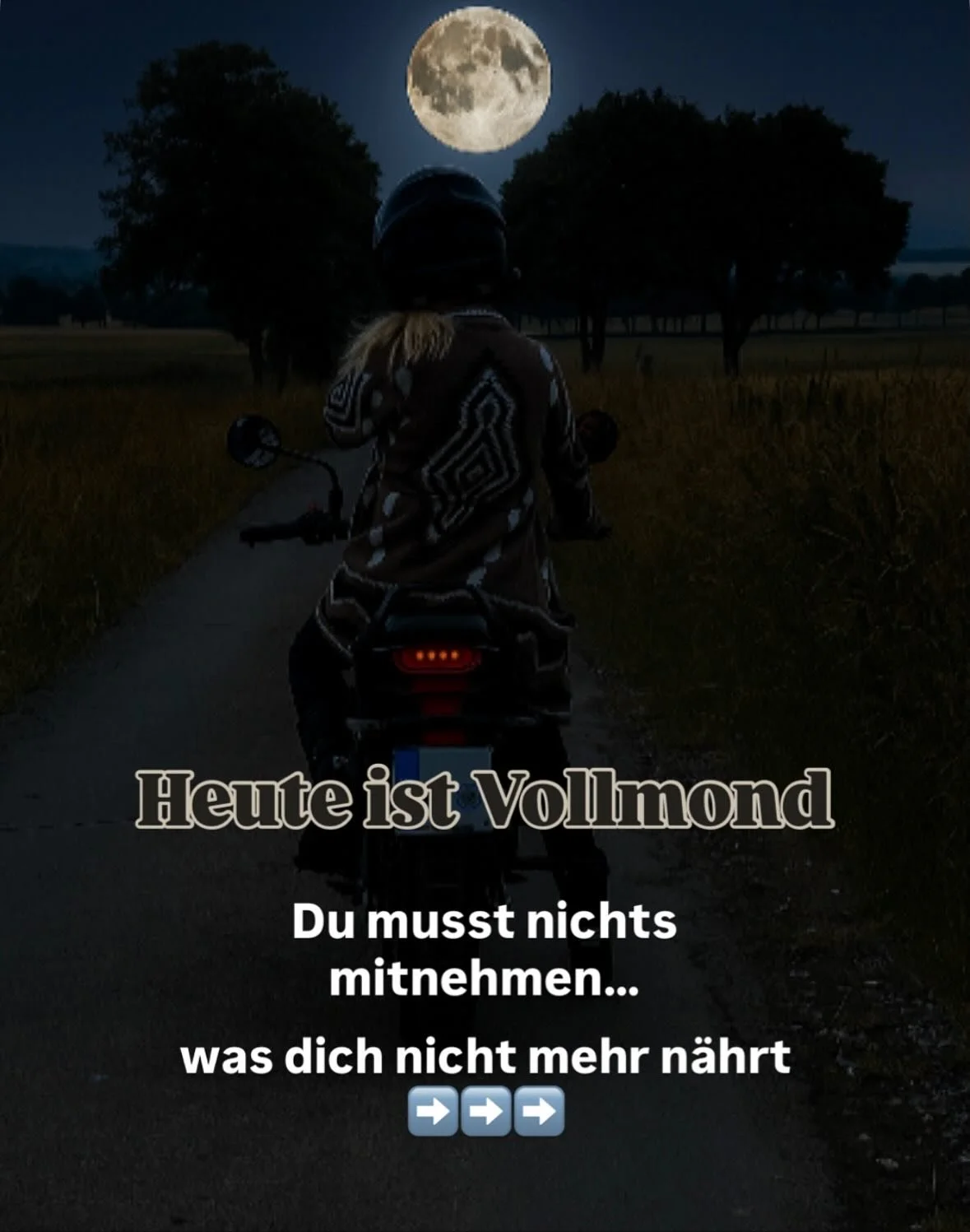 🌕 Heute ist Vollmond.
Und vielleicht ist heute genau der Moment,
an dem du aufh&ouml;rst festzuhalten 
➡️ an Gedanken, an Geschichten, an Versionen von dir,
die l&auml;ngst nicht mehr zu dir passen.

🌕
Du musst nichts mehr tragen,
was dich nicht me