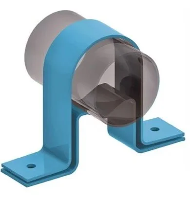 Blue metal and plastic pillow block bearing housing with a cylindrical bearing inside.