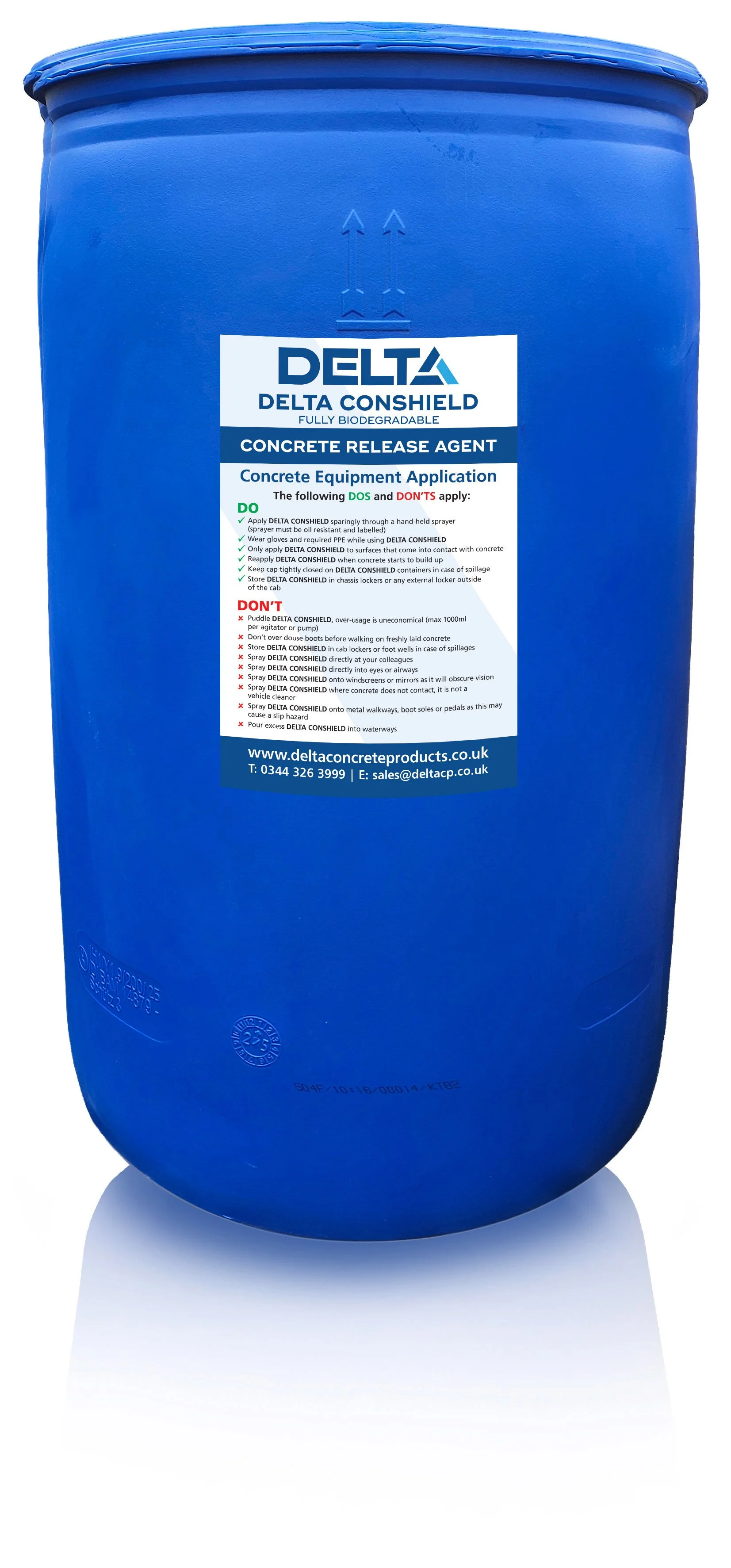 A blue container with a white label that has blue and red text, providing instructions for using a concrete release agent called Delta Conshield. The label includes do's and don'ts, contact information, and website details.
