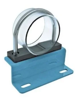 A laboratory magnetic stirrer with a blue base and blue mounting bracket, holding a clear glass or plastic stir bar.