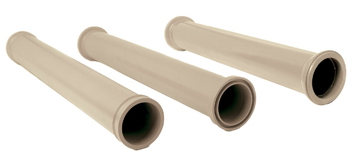 Three beige plastic pipes with open ends, lying parallel on a white background.