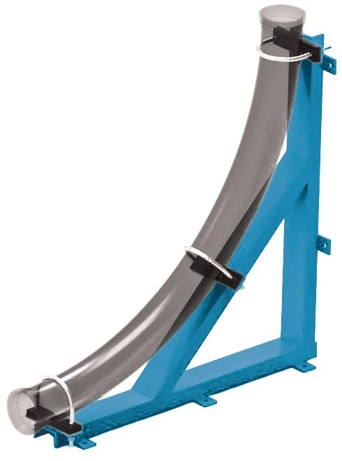 A blue stand holds a curved gray pipe with transparent end caps and black brackets securing it.