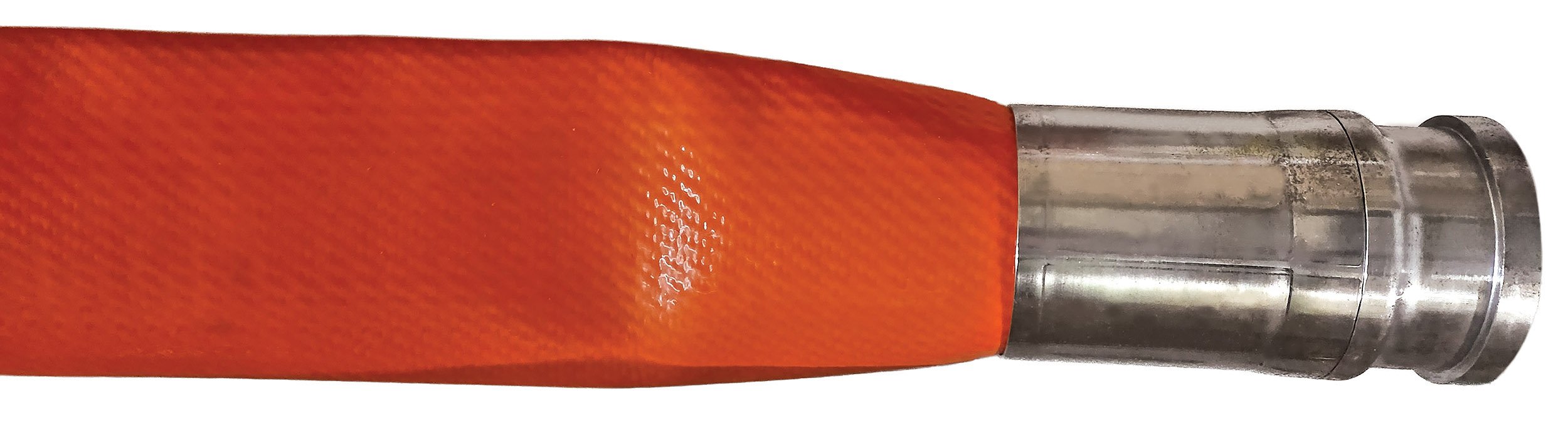 Close-up of a garden hose nozzle with orange rubber exterior and metal nozzle tip.