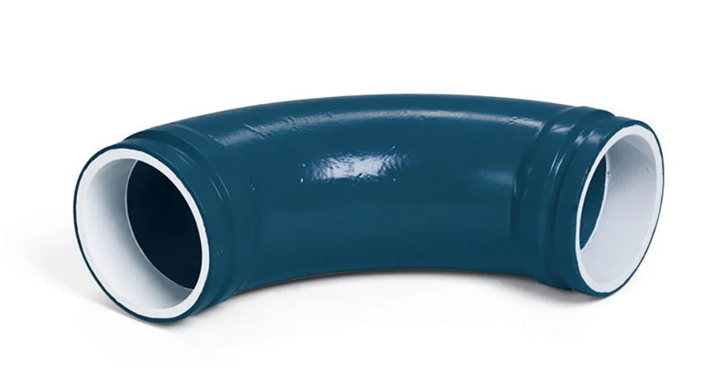 A blue Reinforced Cast Manganese Elbow.