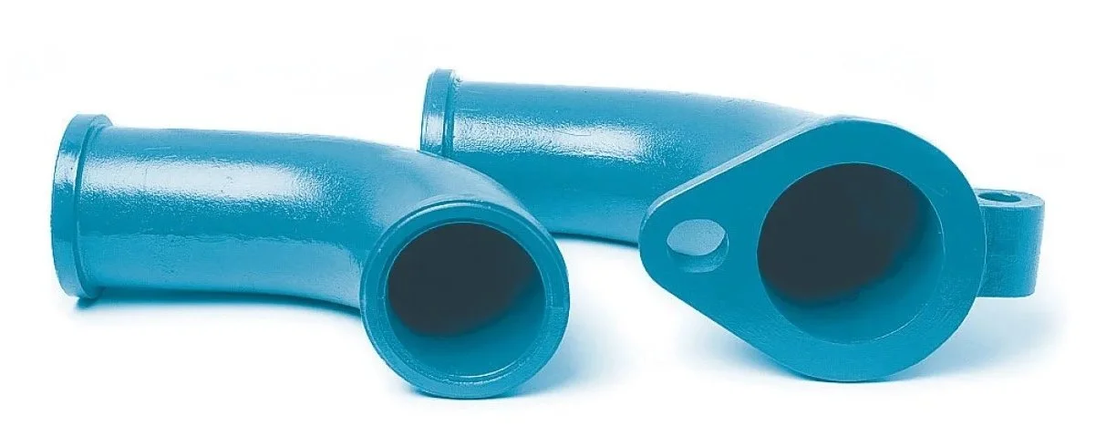 Two blue plastic car exhaust pipes with mounting brackets.