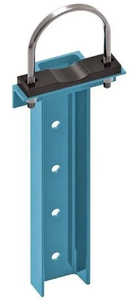 Blue metal bracket with a U-shaped metal handle on top, used for mounting or securing objects.