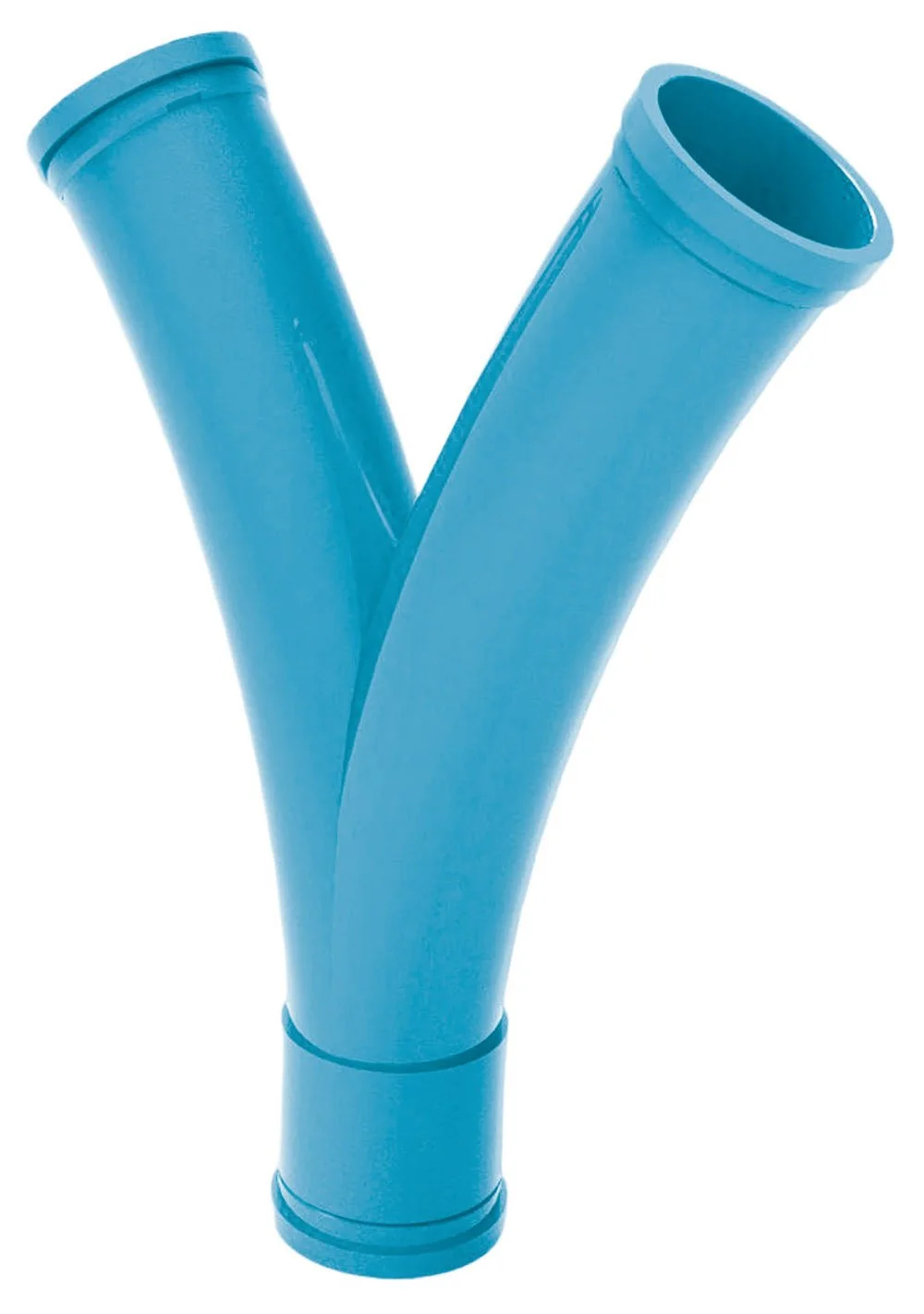Two blue plastic pipes joined at a Y-shape with open ends.