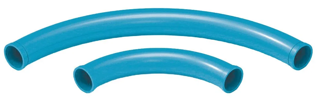 Three blue flexible plastic pipes, two curved and one straight, isolated on a white background.