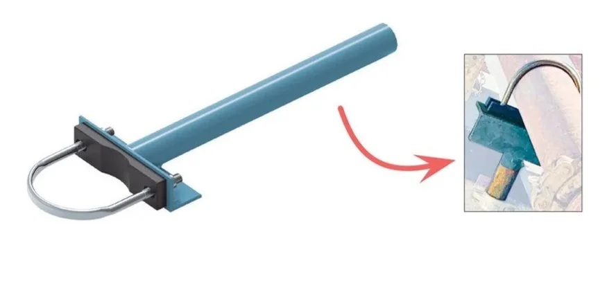 A picture of a pipe or tube with a metal U-lock attached, and a small inset showing the lock in use securing a pipe to a wall.