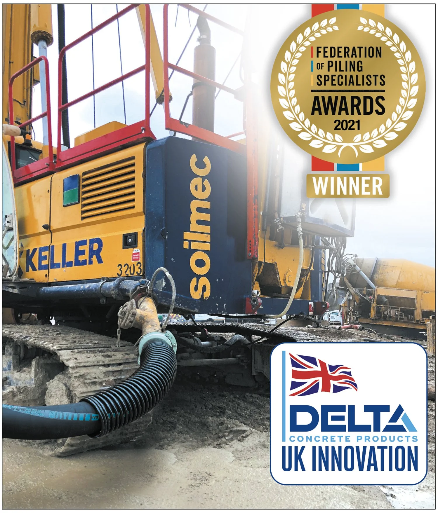 Heavy construction equipment, including a large yellow and black machine with tracks and hoses, on a dirt construction site. The image features awards and affiliations logos, including the Federation of Piling Specialists 2021 winner, Delta Concrete Products UK Innovation.