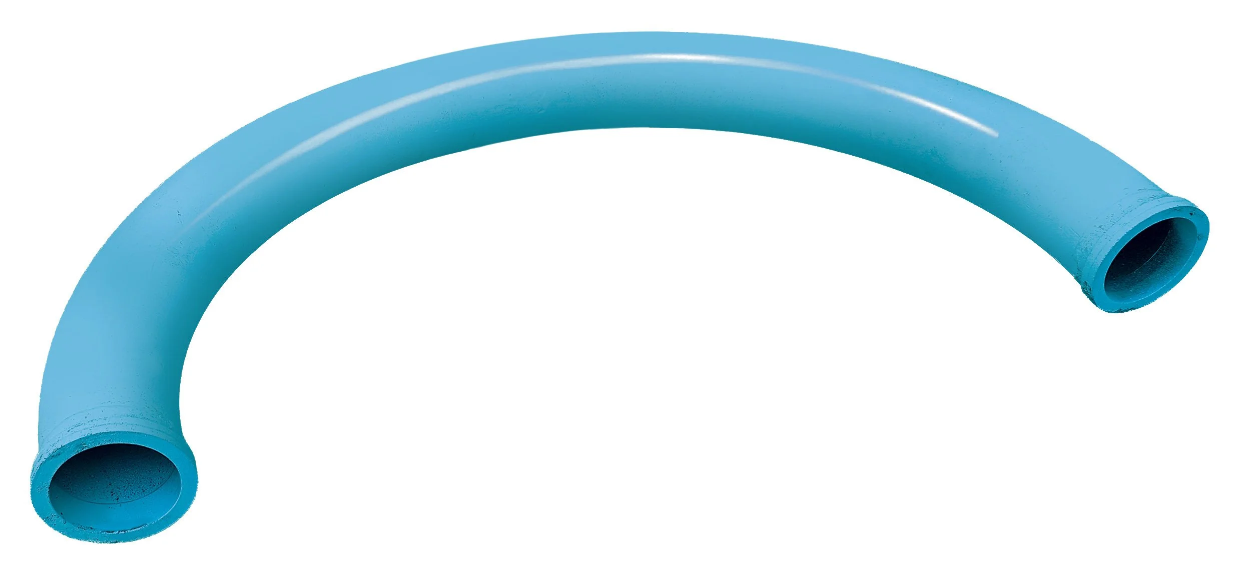 A light blue, curved plastic pipe with open ends, isolated on a white background.