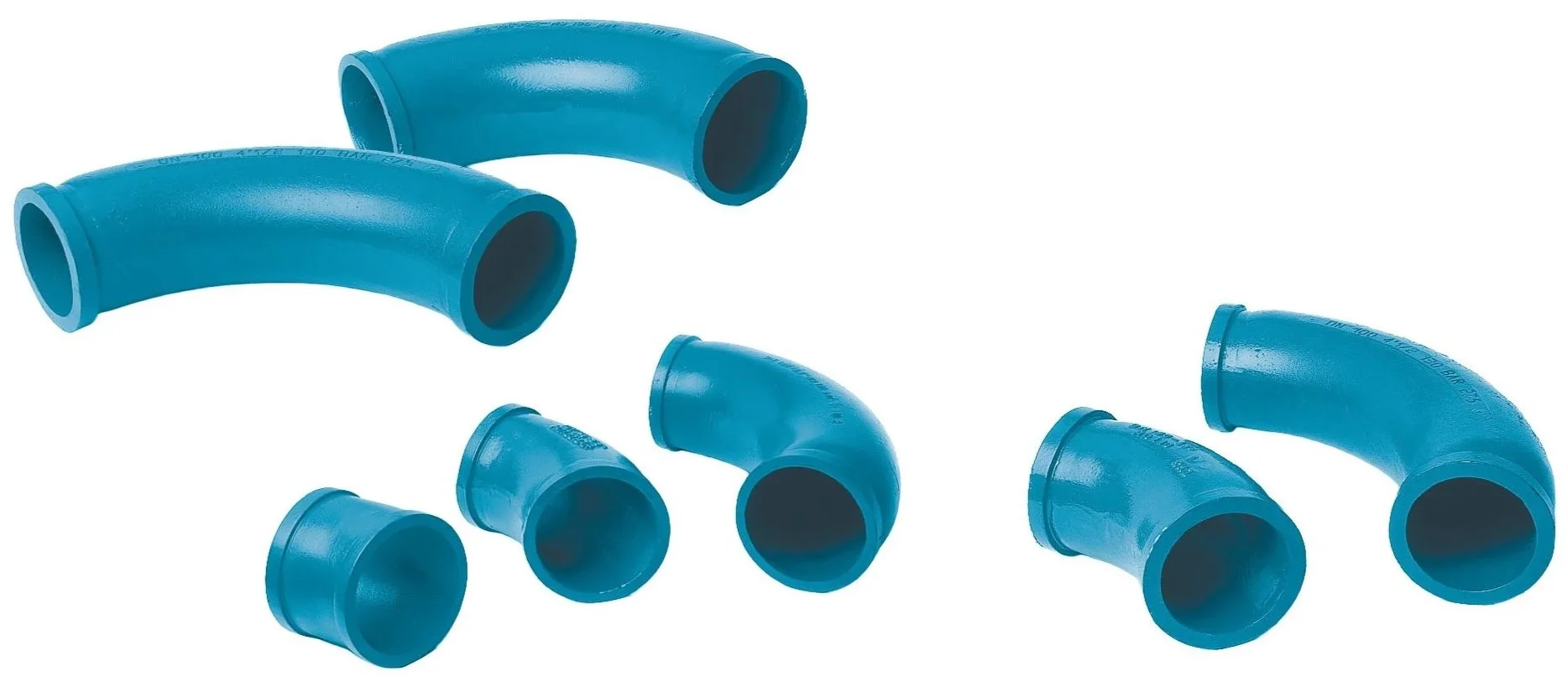 Set of blue plastic pipe fittings including elbows and couplings.
