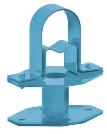 Blue pipe support clamp with a base and a U-shaped ring.