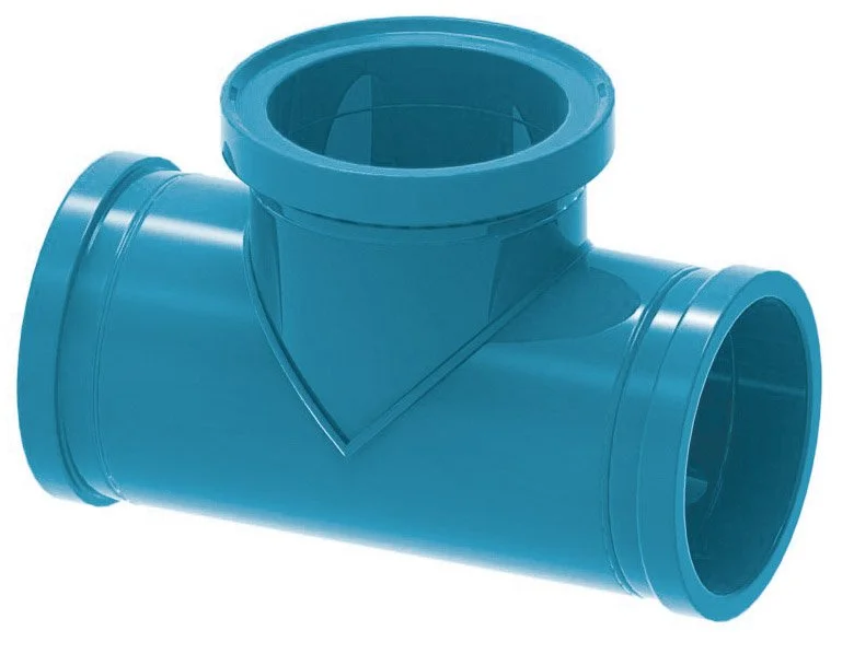 Blue plastic T-shaped pipe fitting used in plumbing.