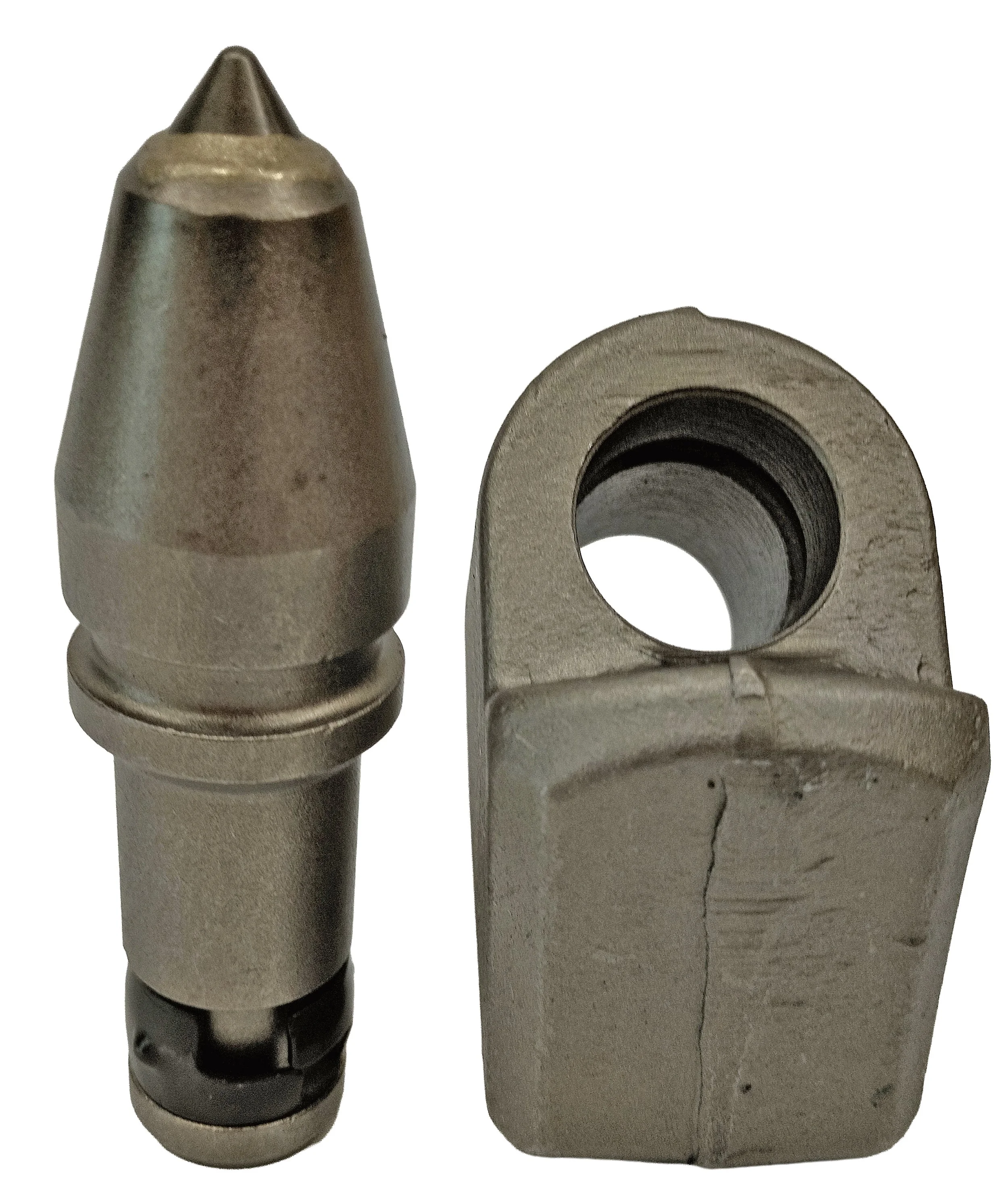 Close-up of a metal dental bur and a metal dental bur with a plastic handle, used in dentistry.