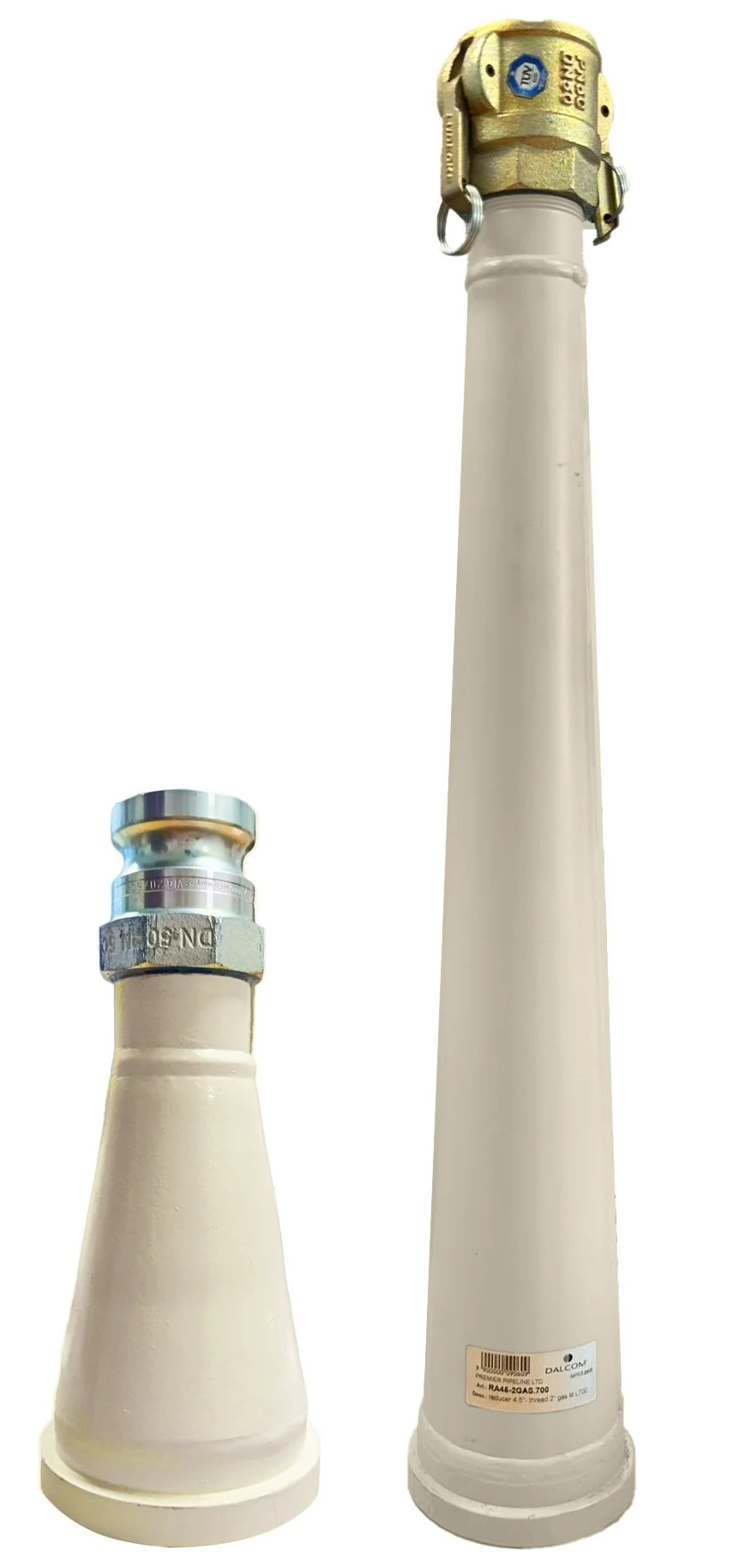 Two white ceramic insulators with metal fittings and connectors on top, isolated against a plain background.